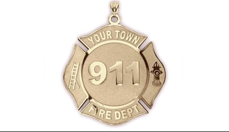 Yellow gold fire department badge pendant engraved with 911 and Your Town Fire Dept