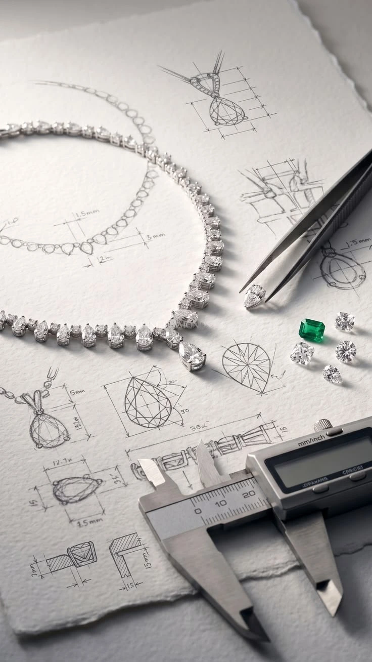 Pear-cut diamond necklace and loose gemstones resting on hand-drawn jewelry design sketches