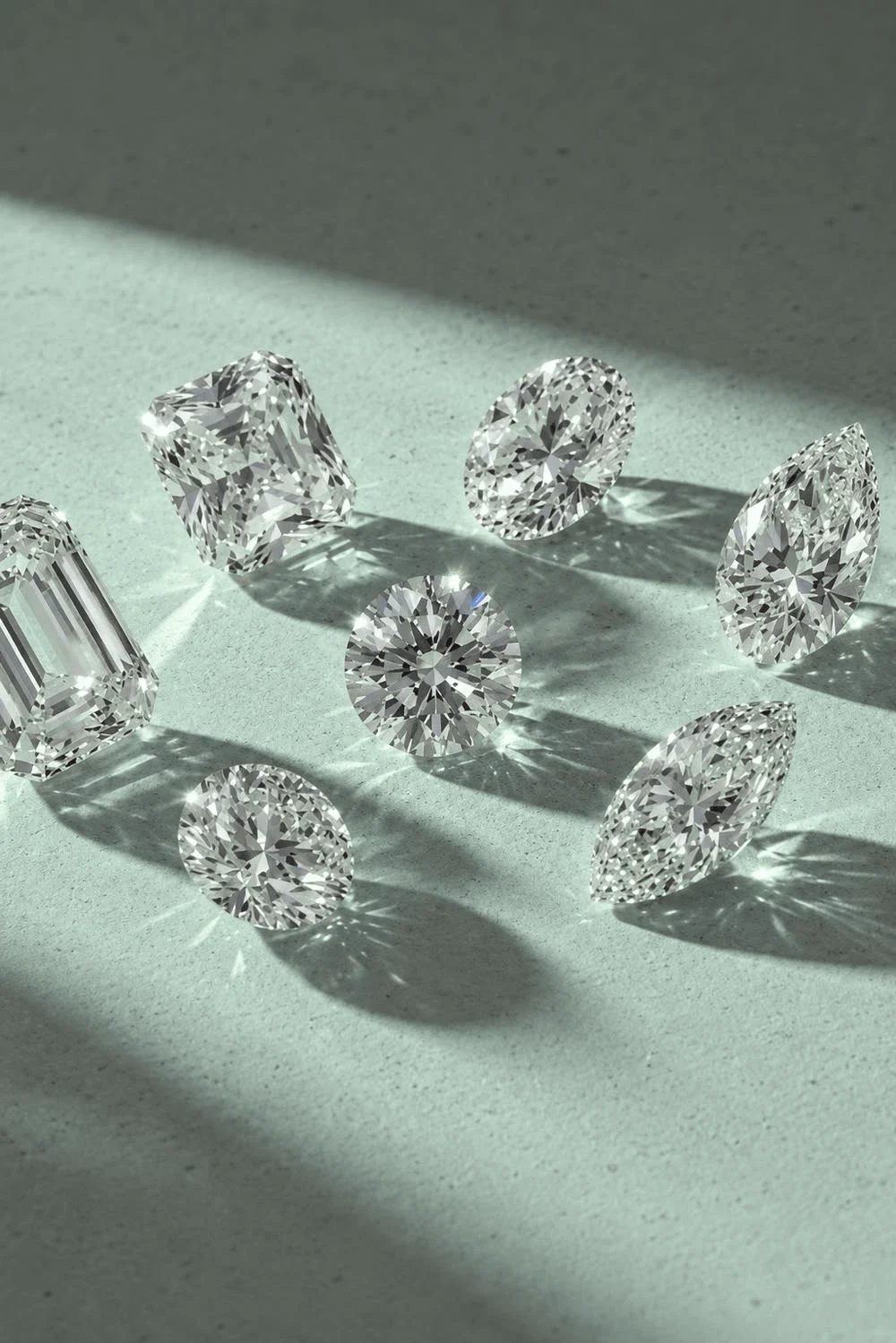 Loose round, oval, pear, marquise, radiant and emerald-cut diamonds on a sunlit stone surface