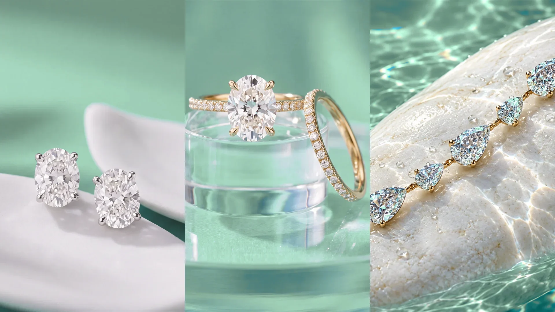 Oval diamond stud earrings, an oval engagement ring with a pavé band, and a pear-cut diamond bracelet, each styled on teal