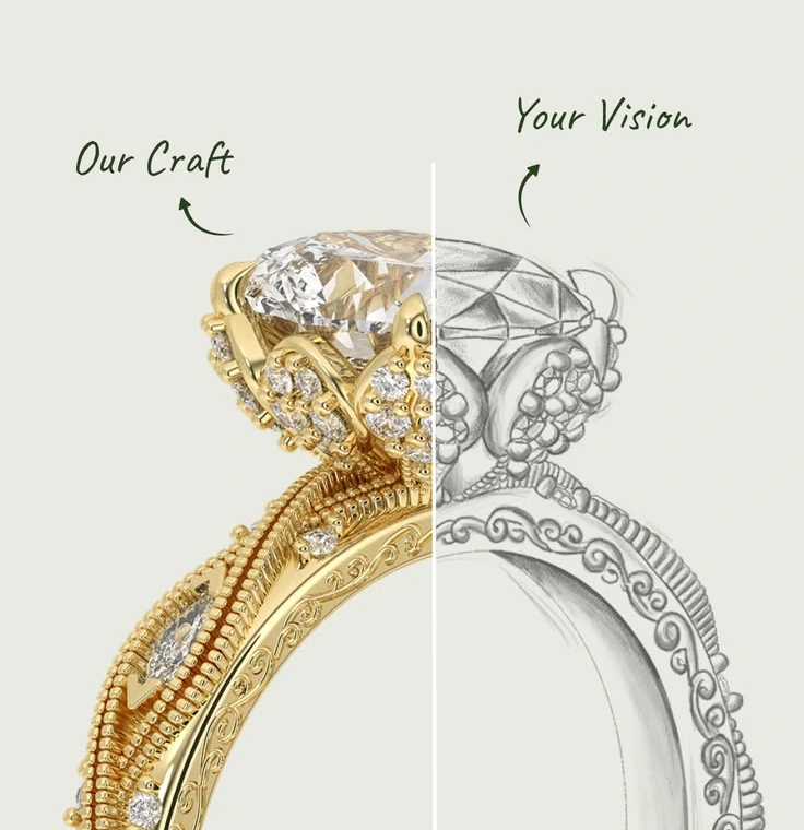 Ornate gold diamond engagement ring shown half finished and half as a pencil sketch